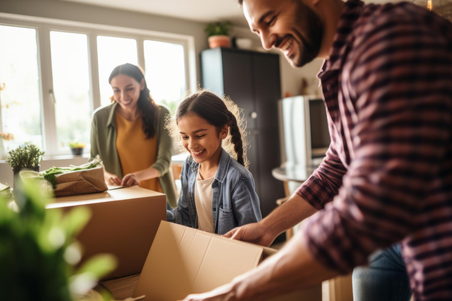 "Image illustrant une famille heureuse emballant des cartons pour déménager, montrant le processus de déménagement dans un contexte de garde alternée."