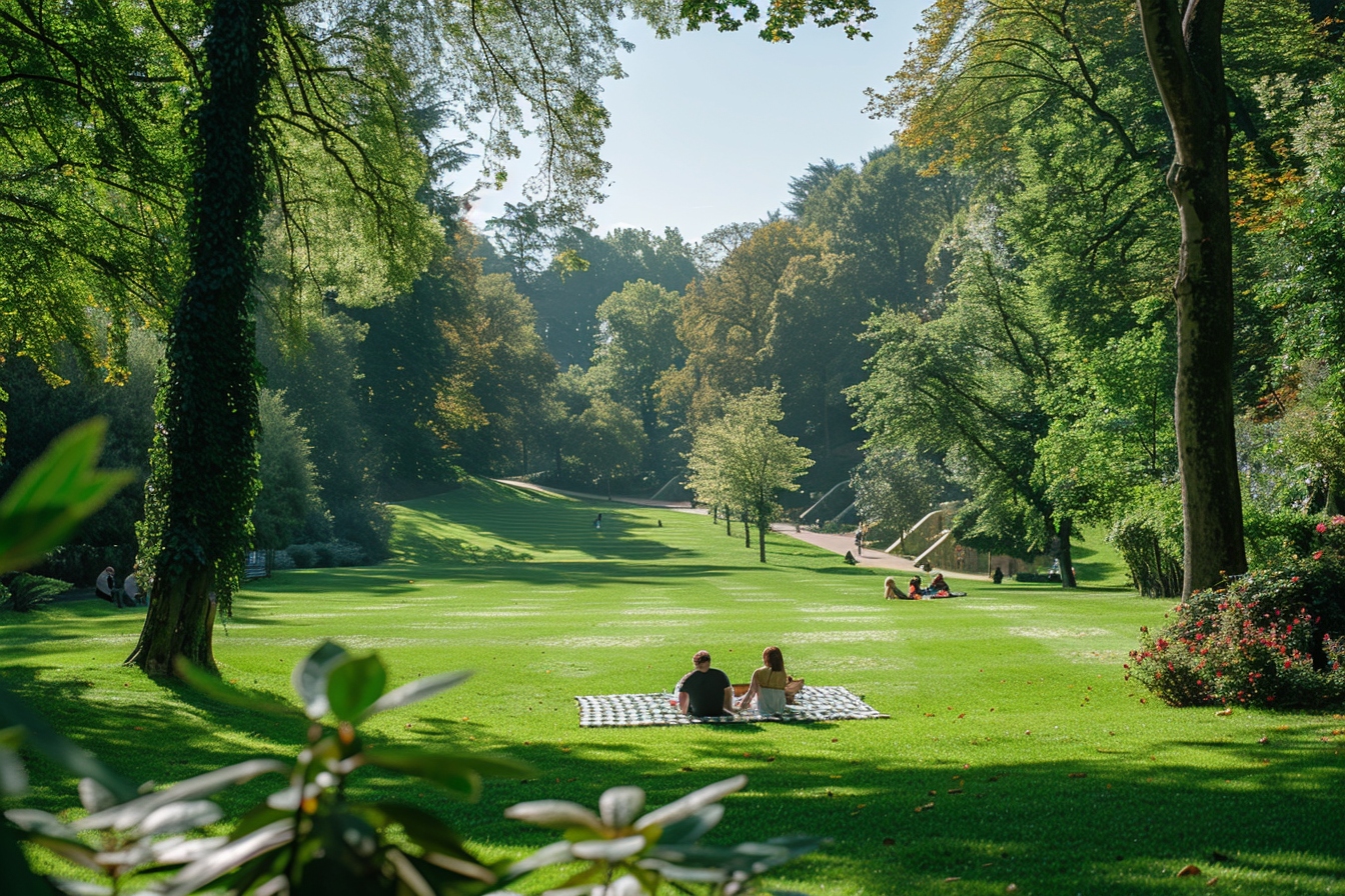 Famille profitant d'un pique-nique relaxant dans un parc verdoyant à Luxembourg, illustrant l'intégration réussie des espaces verts dans la vie quotidienne après un déménagement.