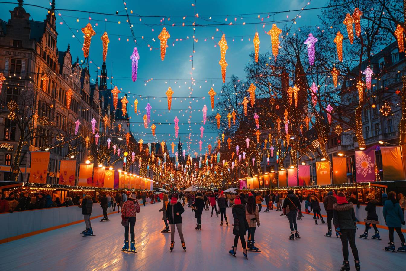 alt="Foule célébrant la fête à Luxembourg pendant un festival de 2023, décorations lumineuses élevant l'esprit festif